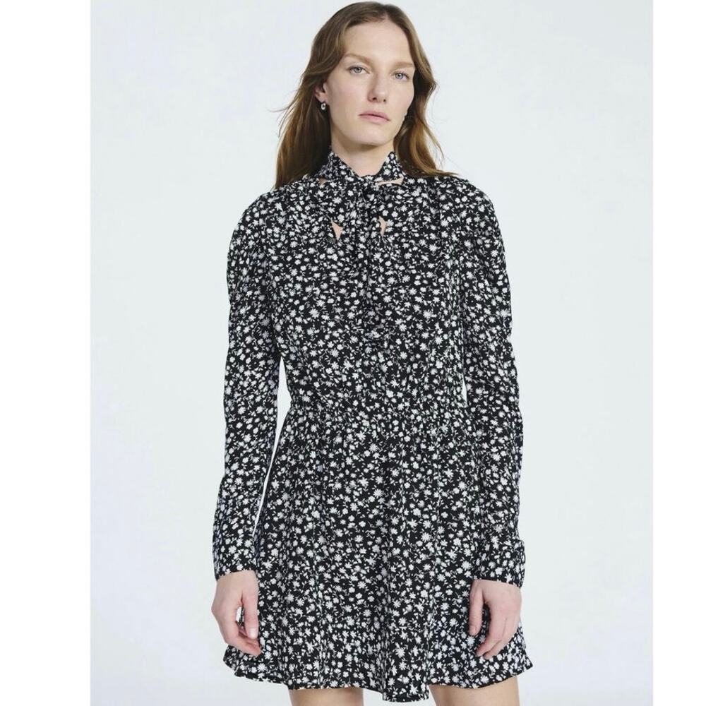 Scoop Black And White Floral Tie Neck‎ Dress Size XL